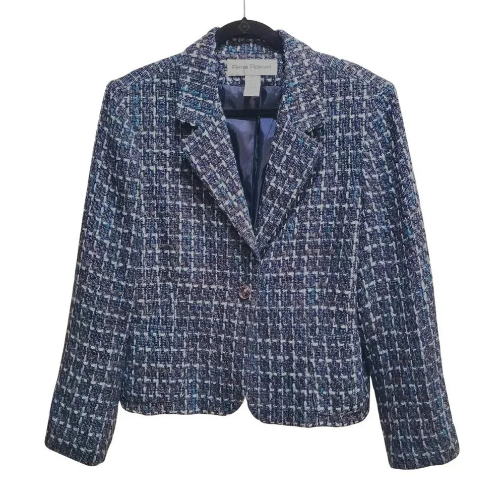 Vintage Y2K 90s Rena Rowan Blue Black Sharp Shoulders Tweed Blazer Jacket 16